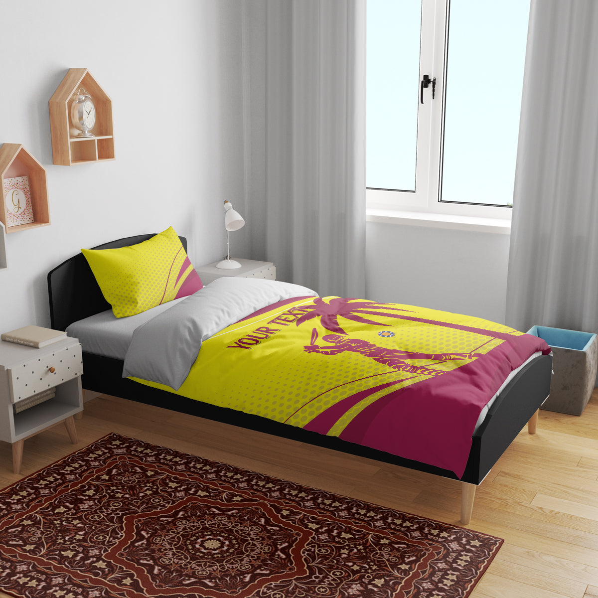 Maroon and yellow cricket bedding set with “YOUR TEXT” print on duvet and pillow shams