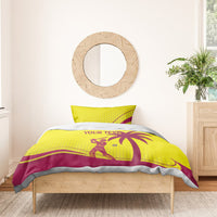Maroon and yellow cricket bedding set with “YOUR TEXT” and palm player graphic on duvet
