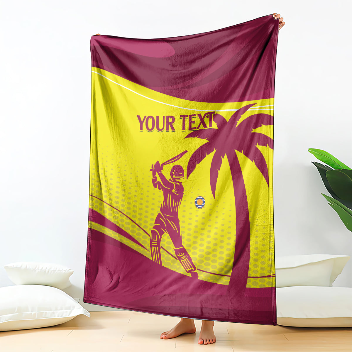Custom cricket blanket maroon and yellow West Indies graphic, draped like a tent over floor