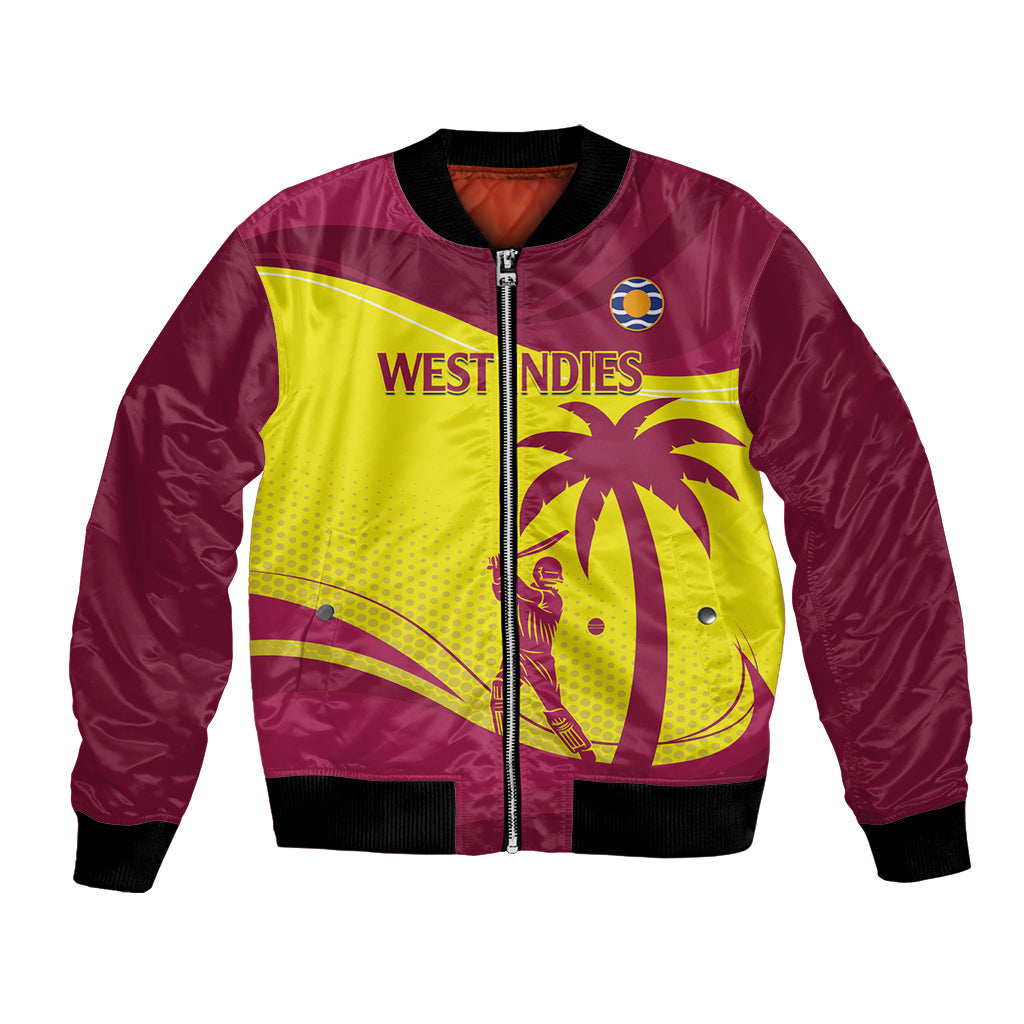 Maroon cricket bomber jacket with West Indies crest, yellow graphic front and ribbed cuffs