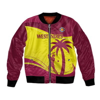 Maroon cricket bomber jacket with West Indies crest, yellow graphic front and ribbed cuffs