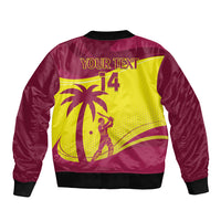 Maroon cricket bomber jacket with yellow back graphic, palm tree and YOUR TEXT panel