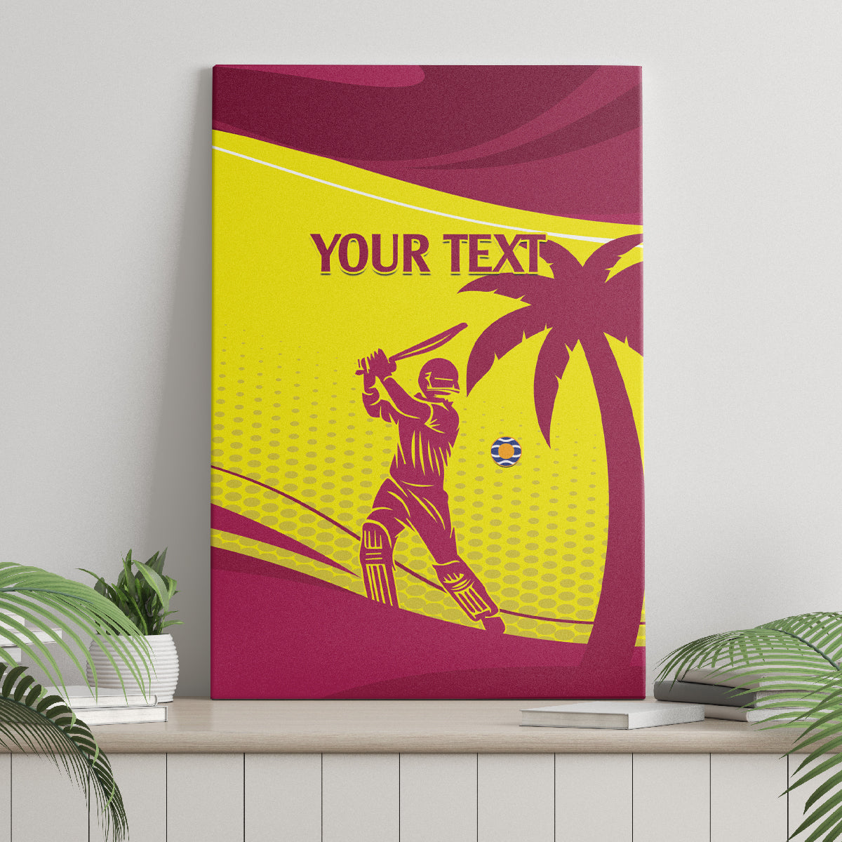 Maroon and yellow cricket canvas wall art with custom text and player graphic on wall