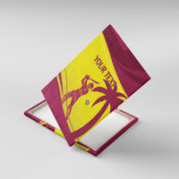 Maroon and yellow cricket canvas wall art with custom text, angled view