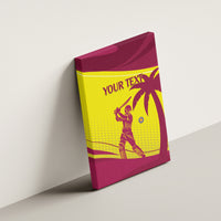 Maroon cricket canvas wall art with yellow custom text and player silhouette, side view
