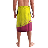 Yellow lavalava with maroon hem panel and cricket-style graphics, worn with waistband