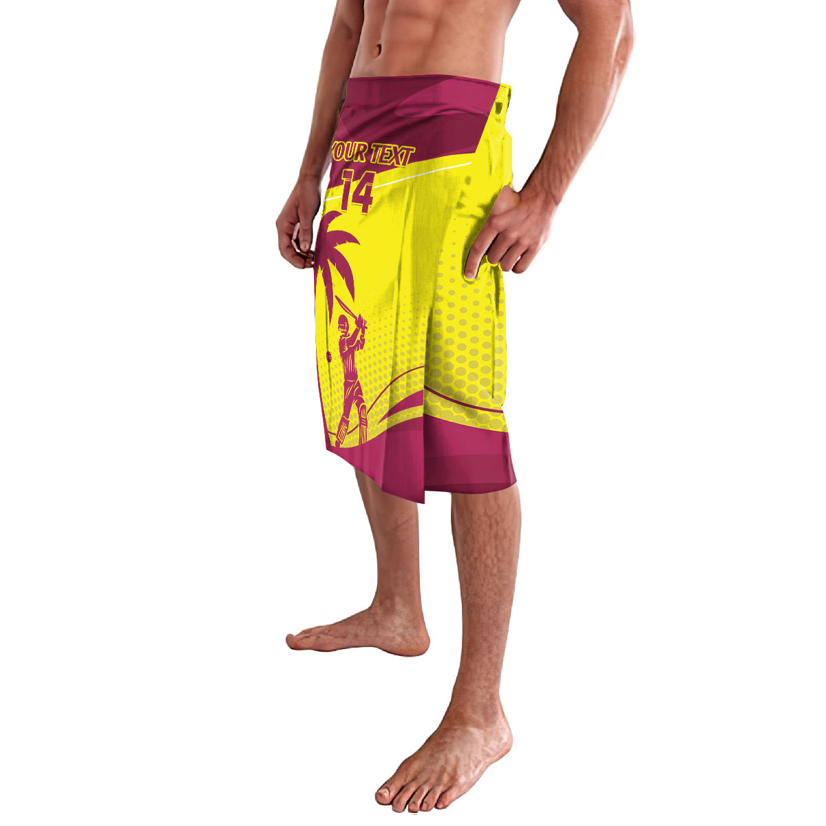Maroon and yellow cricket-themed lavalava with palm graphics and '14' print