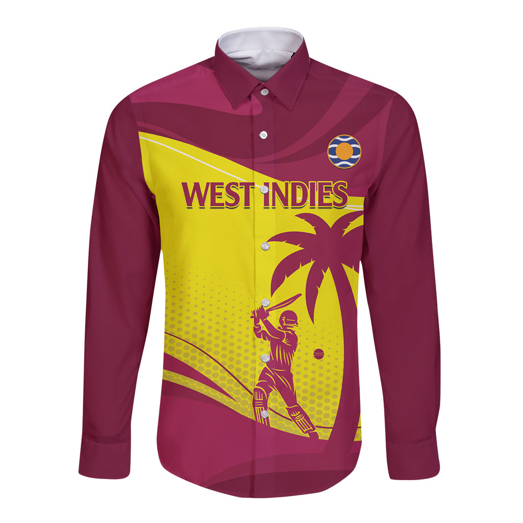 Maroon long-sleeve button cricket shirt with West Indies graphic and yellow panel