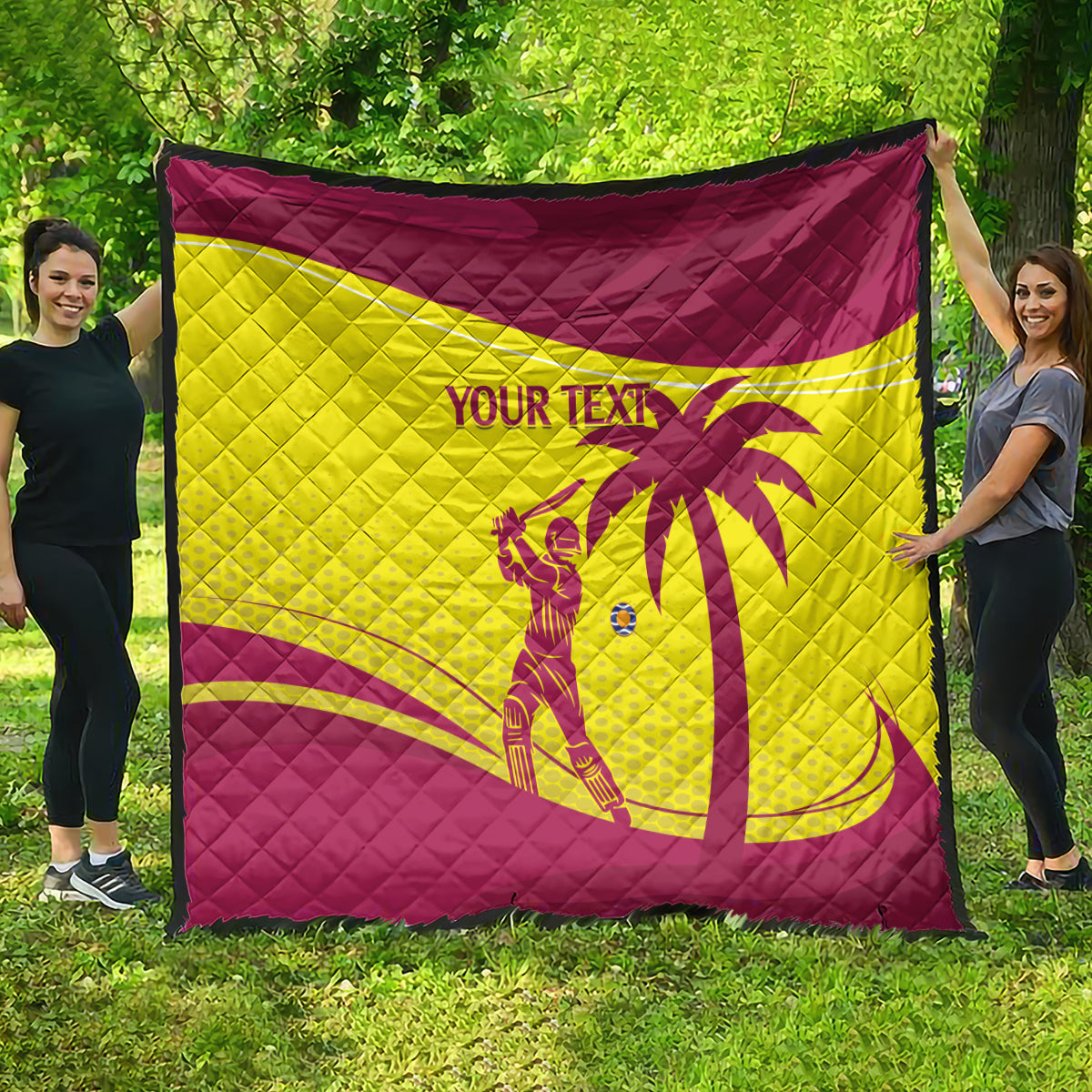 Maroon and yellow cricket quilt with diamond quilting, 'YOUR TEXT' and West Indies emblem