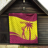 Hanging maroon and yellow cricket quilt with diamond pattern, 'YOUR TEXT' and West Indies emblem