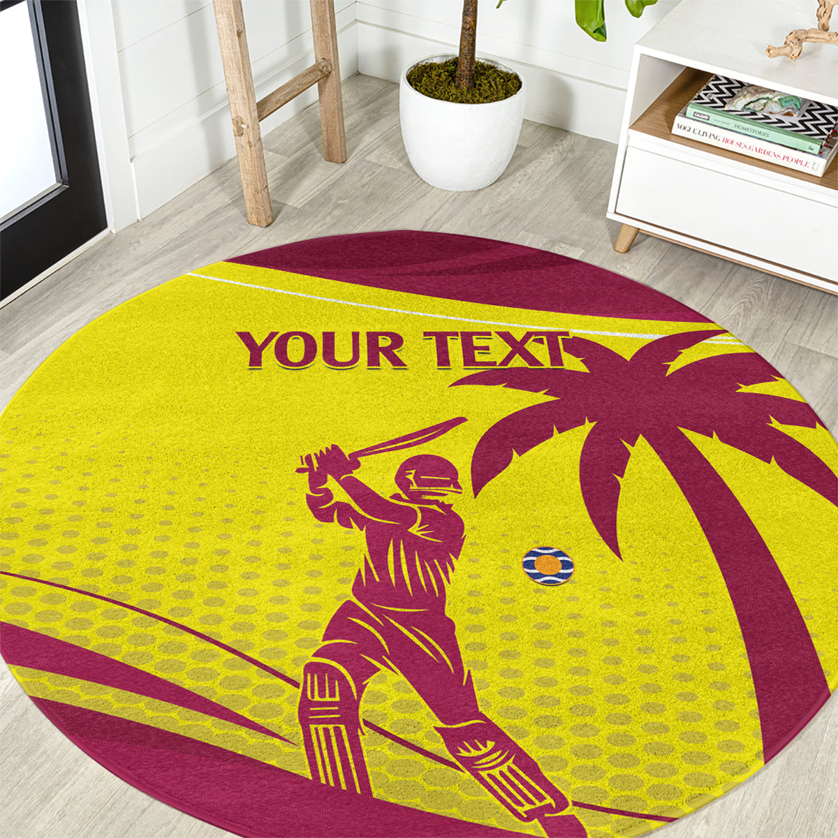 Custom West Indies cricket round carpet, yellow center with maroon player and “YOUR TEXT”