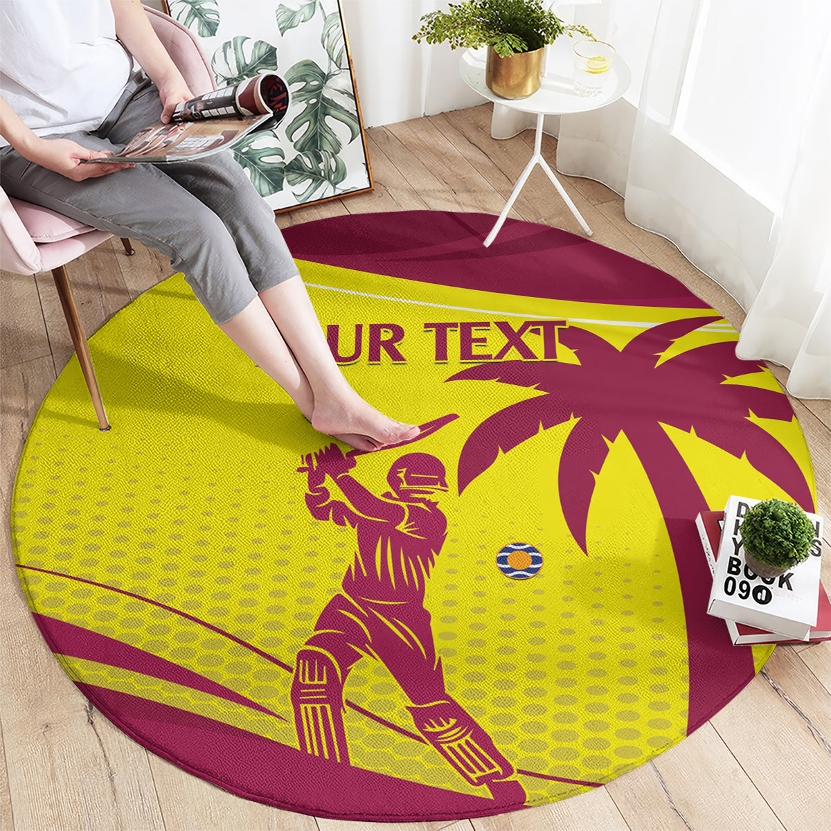 Custom West Indies cricket round carpet, yellow maroon design with player silhouette and “YOUR TEXT”