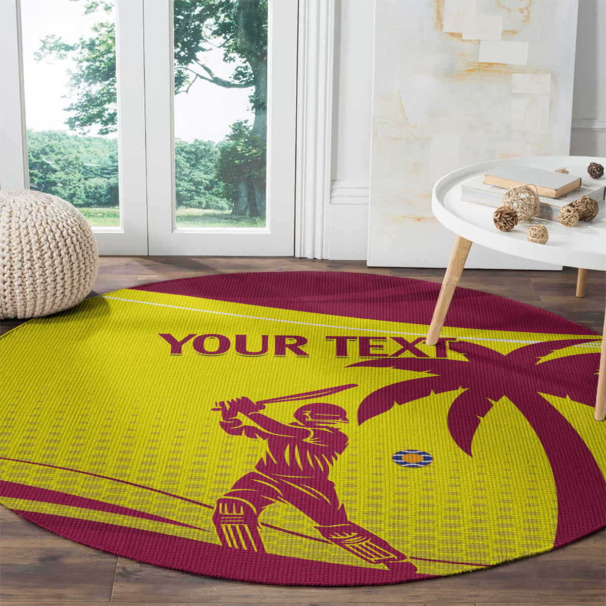 Custom West Indies cricket round carpet, maroon border with yellow graphic and “YOUR TEXT”