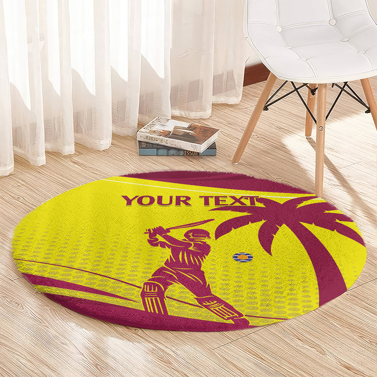 Custom West Indies cricket round carpet, yellow field with maroon player artwork and “YOUR TEXT”