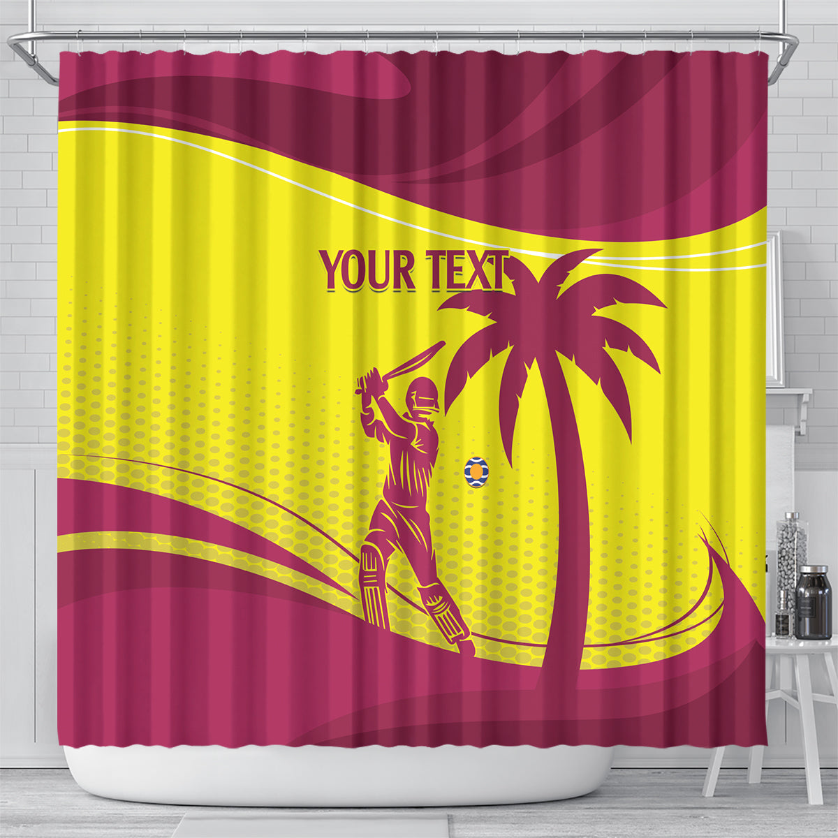 Maroon and yellow shower curtain showing palm tree, cricket player, and 'YOUR TEXT' center