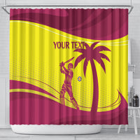 Maroon and yellow shower curtain showing palm tree, cricket player, and 'YOUR TEXT' center