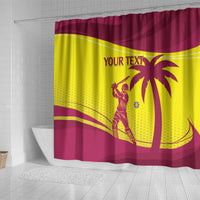 Maroon and yellow shower curtain with palm tree motif, cricket player, and 'YOUR TEXT'
