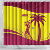 Maroon and yellow shower curtain with 'YOUR TEXT' and palm tree over wavy cricket stripes