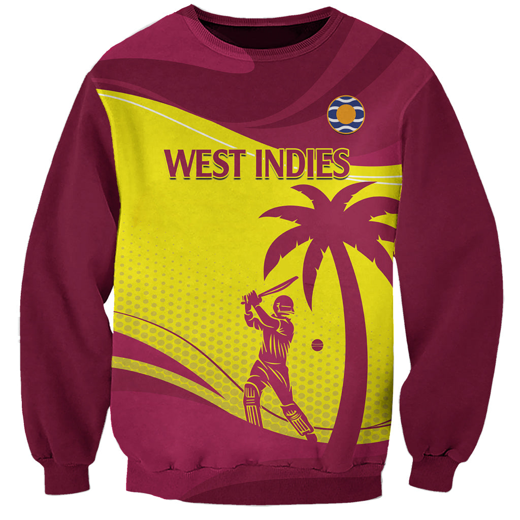 Maroon West Indies cricket sweatshirt with front graphic and palm tree illustration