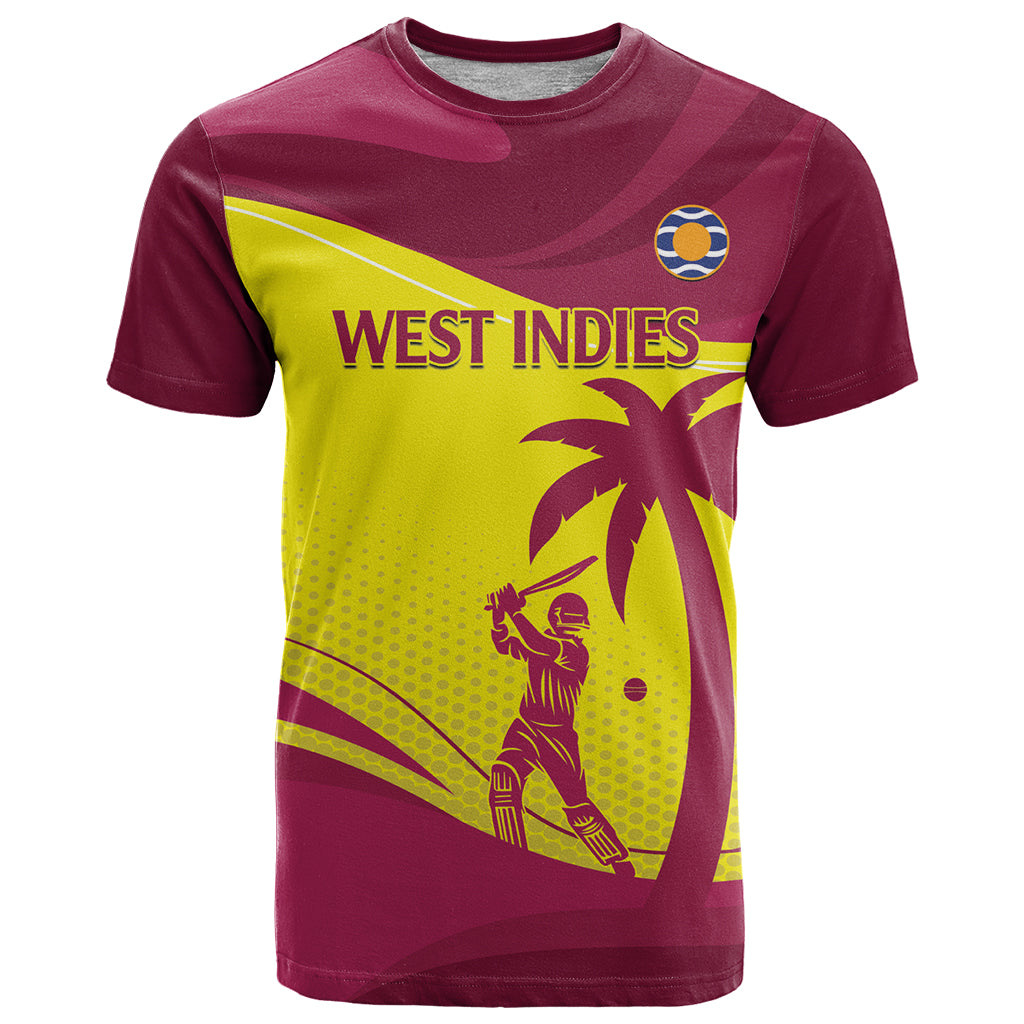 Maroon cricket T-shirt with West Indies front graphic and yellow palm scene