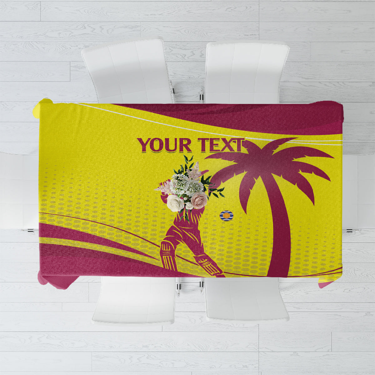 Custom cricket tablecloth laid flat: maroon edge with yellow center graphic