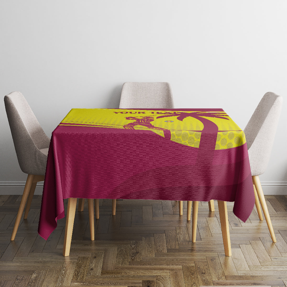 Custom cricket tablecloth, maroon fabric with yellow graphic panel on tabletop