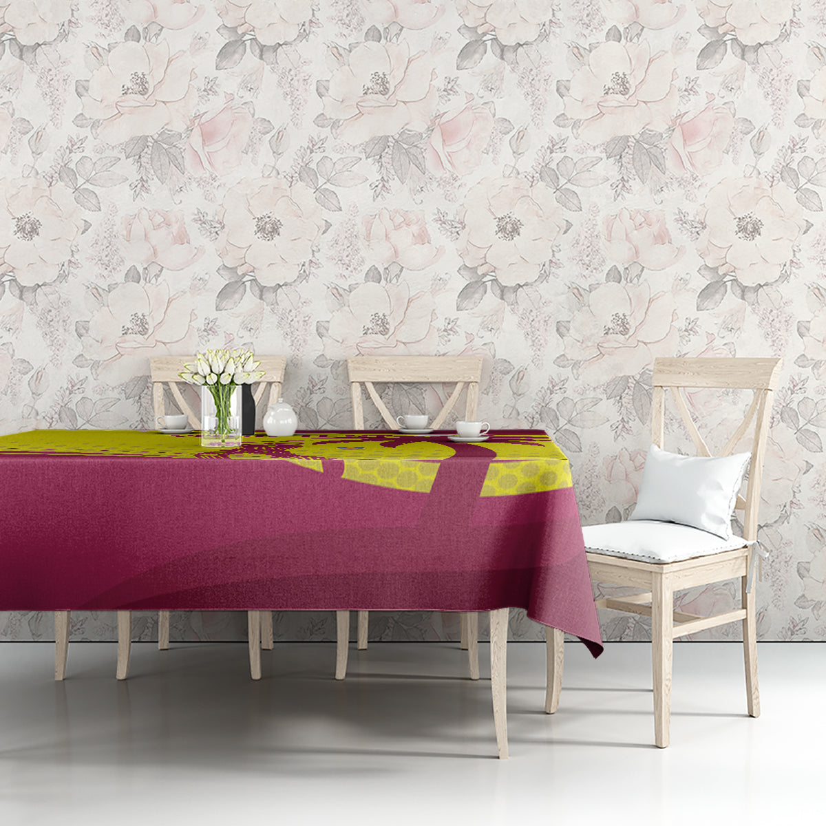Custom cricket tablecloth on dining table: maroon and yellow printed design
