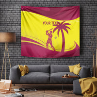 Maroon and lime wall tapestry with cricket figure, palm tree graphic, and YOUR TEXT.