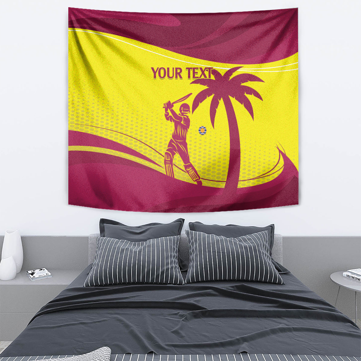 Maroon and lime wall tapestry featuring a cricket player, palm tree, and YOUR TEXT.
