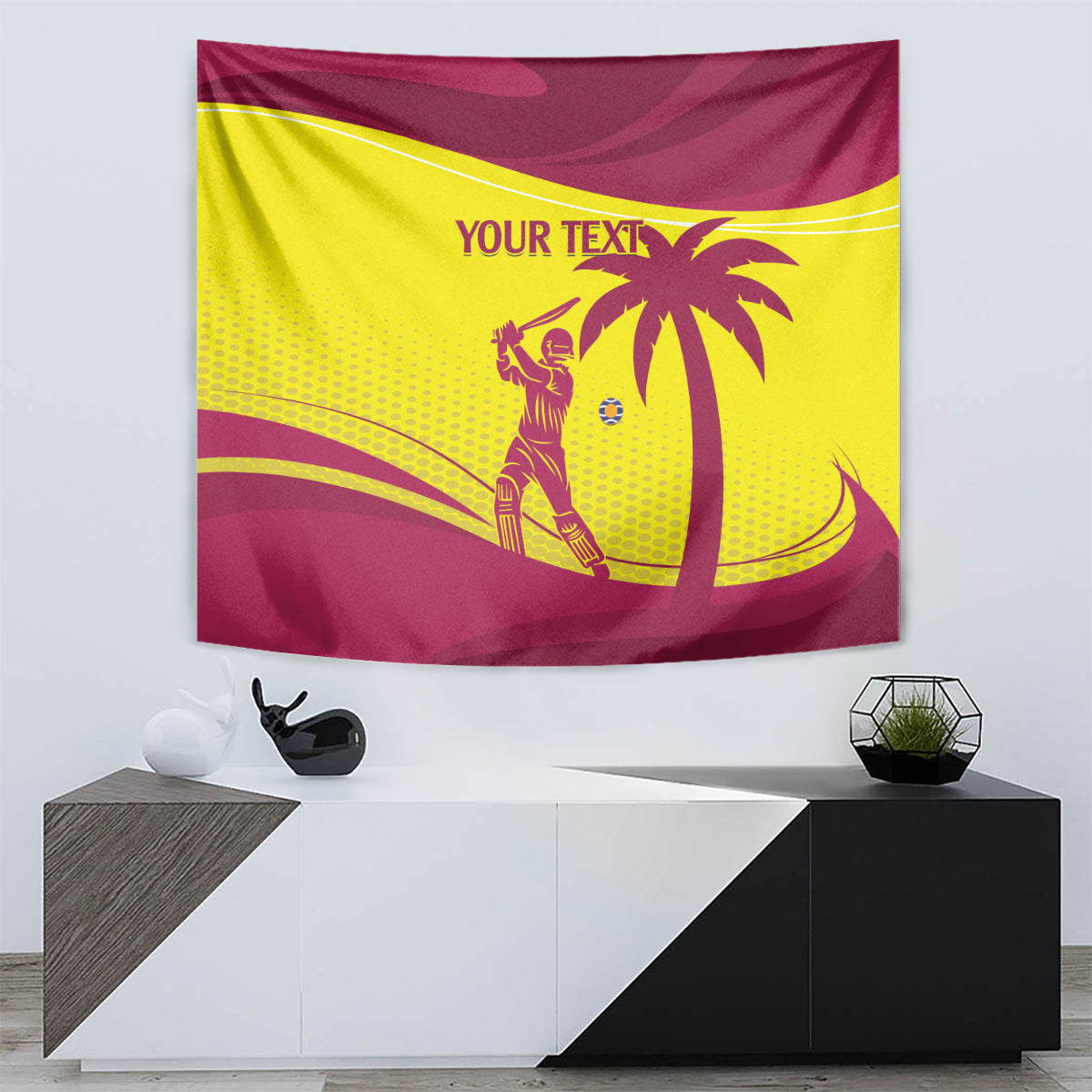 Maroon and lime wall tapestry showing cricket player, palm tree design, and YOUR TEXT.