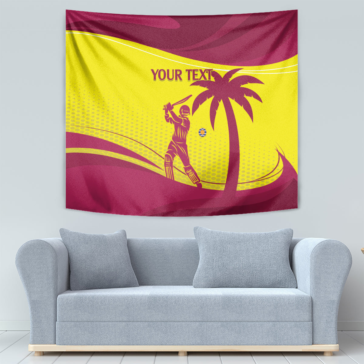 Maroon and lime wall tapestry with cricket player artwork, palm tree, and YOUR TEXT.