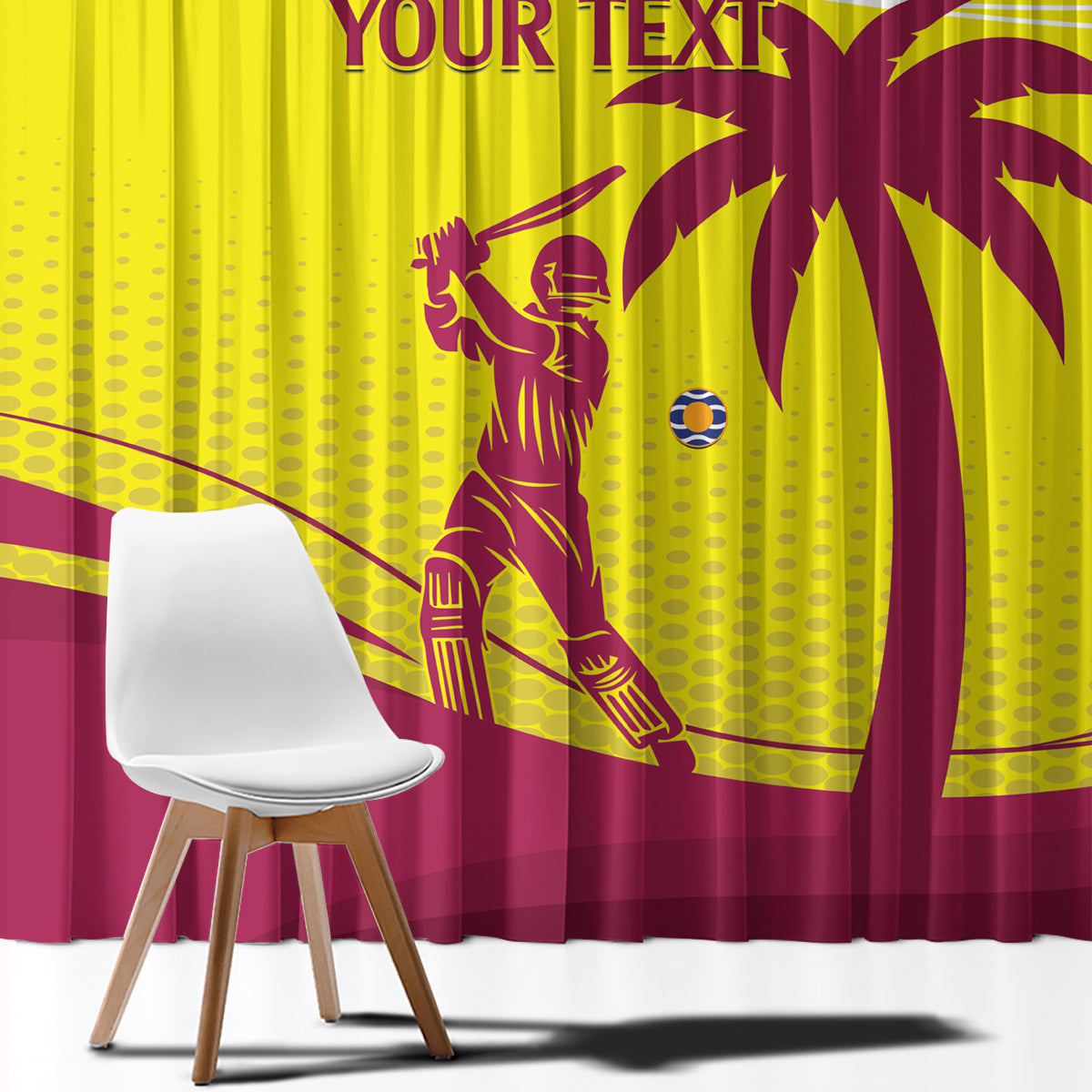 Maroon and yellow cricket window curtain with palm tree graphic and dotted pattern