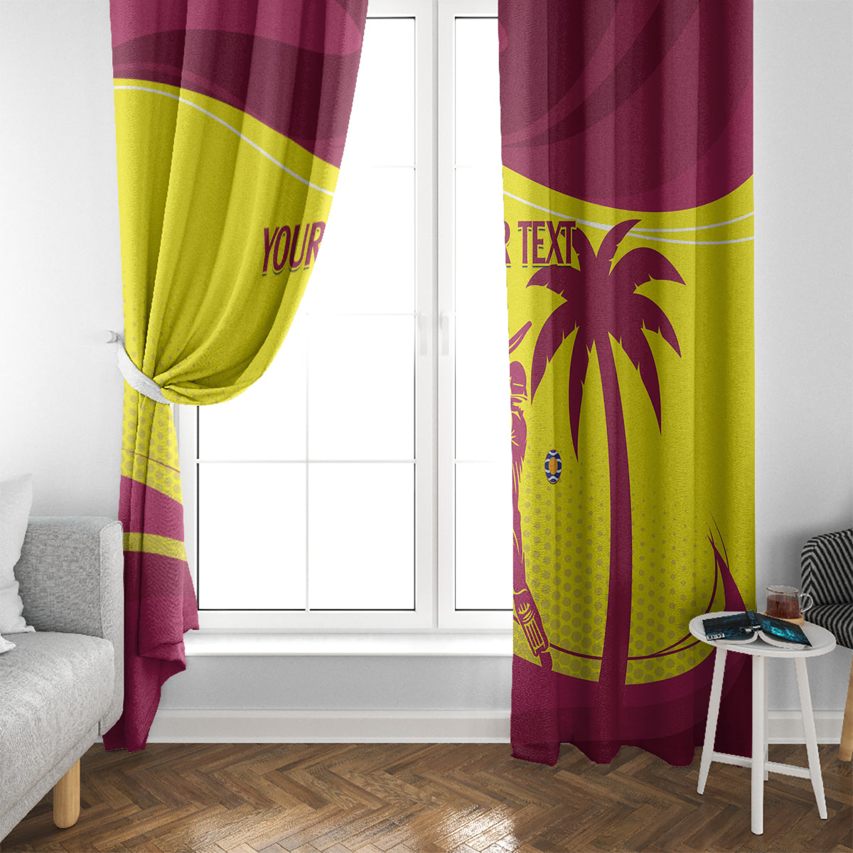 Custom West Indies window curtain, maroon and yellow with palm crest artwork