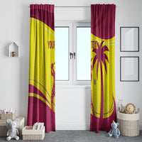 West Indies cricket window curtains, maroon and yellow with palm crest and curve stripe