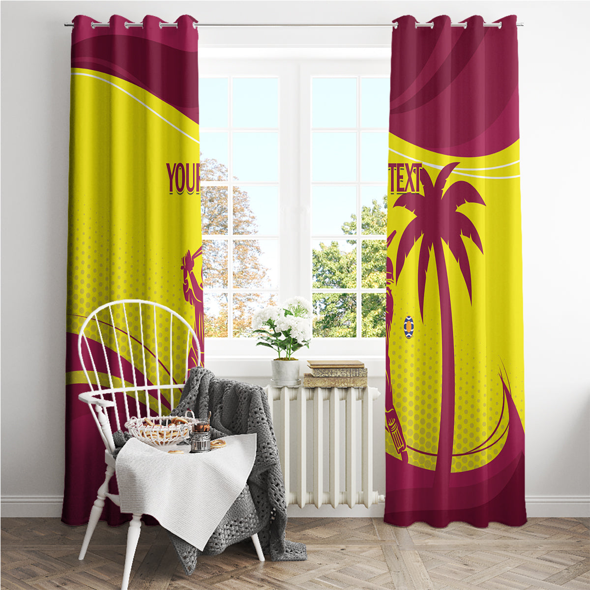 West Indies cricket window curtain set, maroon and yellow palm crest and banner