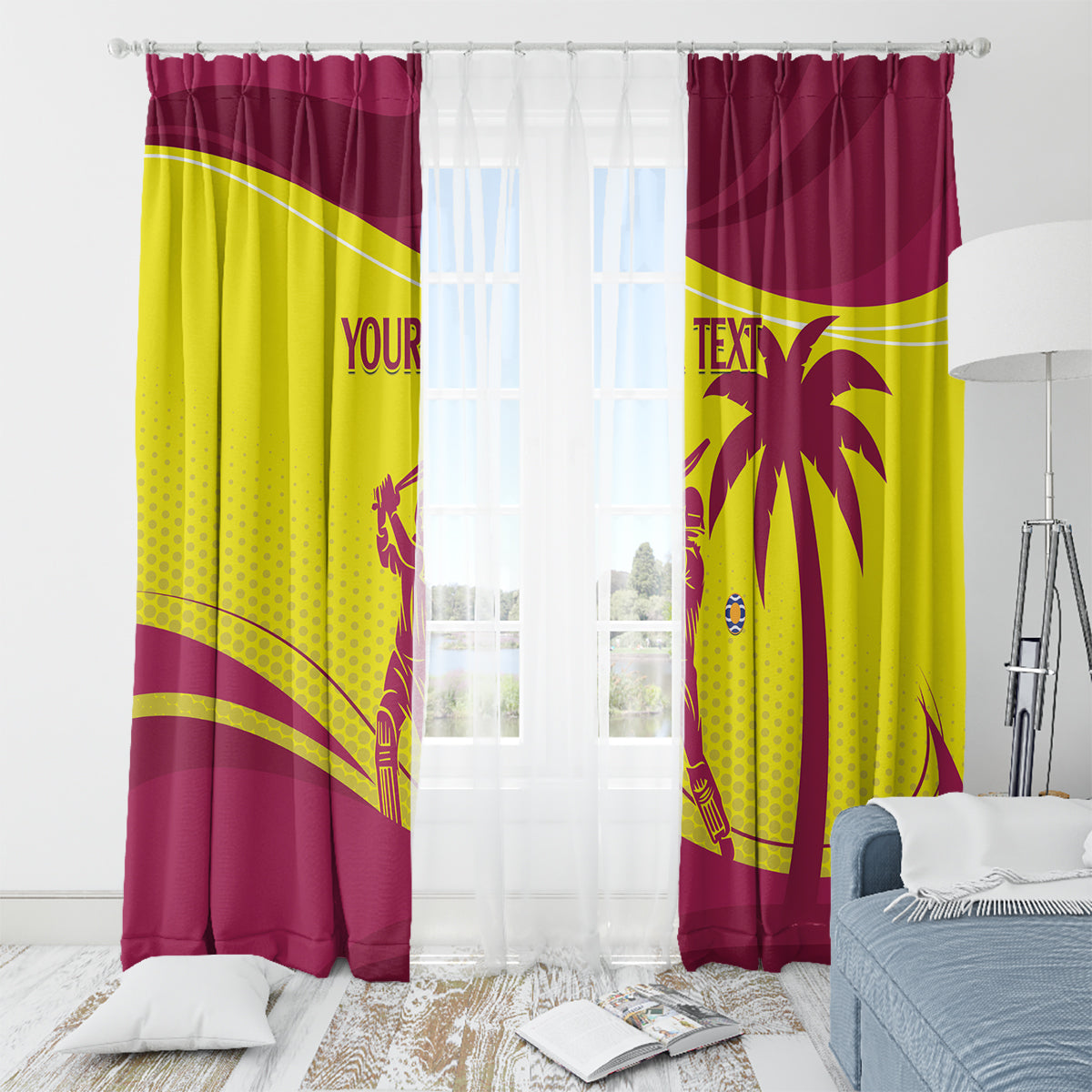 Maroon and yellow West Indies cricket window curtain panels with palm motif