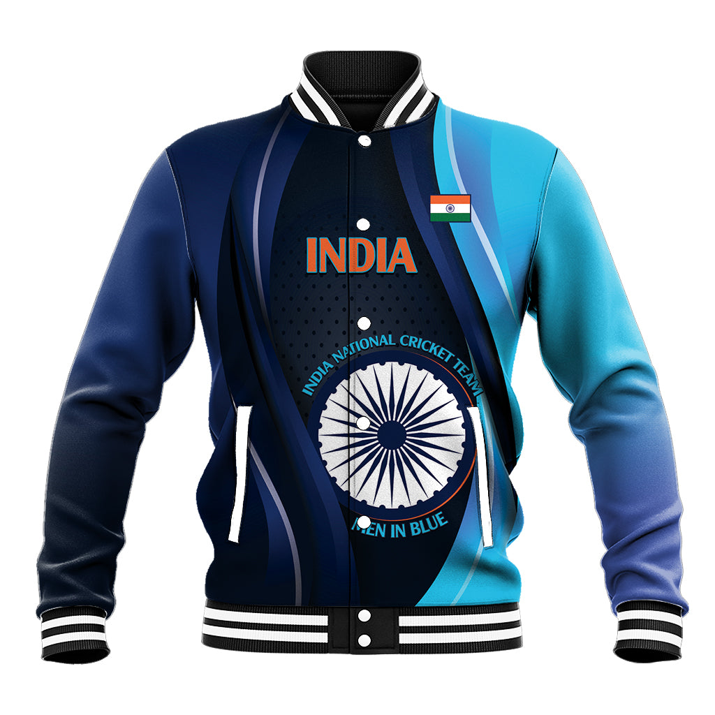 Custom India Cricket Baseball Jacket 2024 World Cup Go Men in Blue - Wonder Print Shop