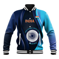 Men’s blue baseball jacket with ribbed collar, India logo, and striped side panels