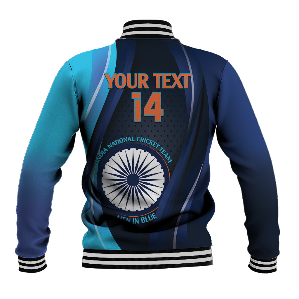 Blue baseball jacket back with YOUR TEXT, number 14, and cricket team emblem
