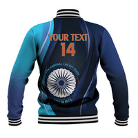 Blue baseball jacket back with YOUR TEXT, number 14, and cricket team emblem