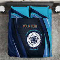 Blue cricket bedding set with bold emblem graphic and “MEN IN BLUE” text on duvet