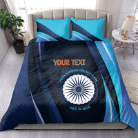 Blue cricket bedding set with round emblem and “MEN IN BLUE” text, two pillowcases