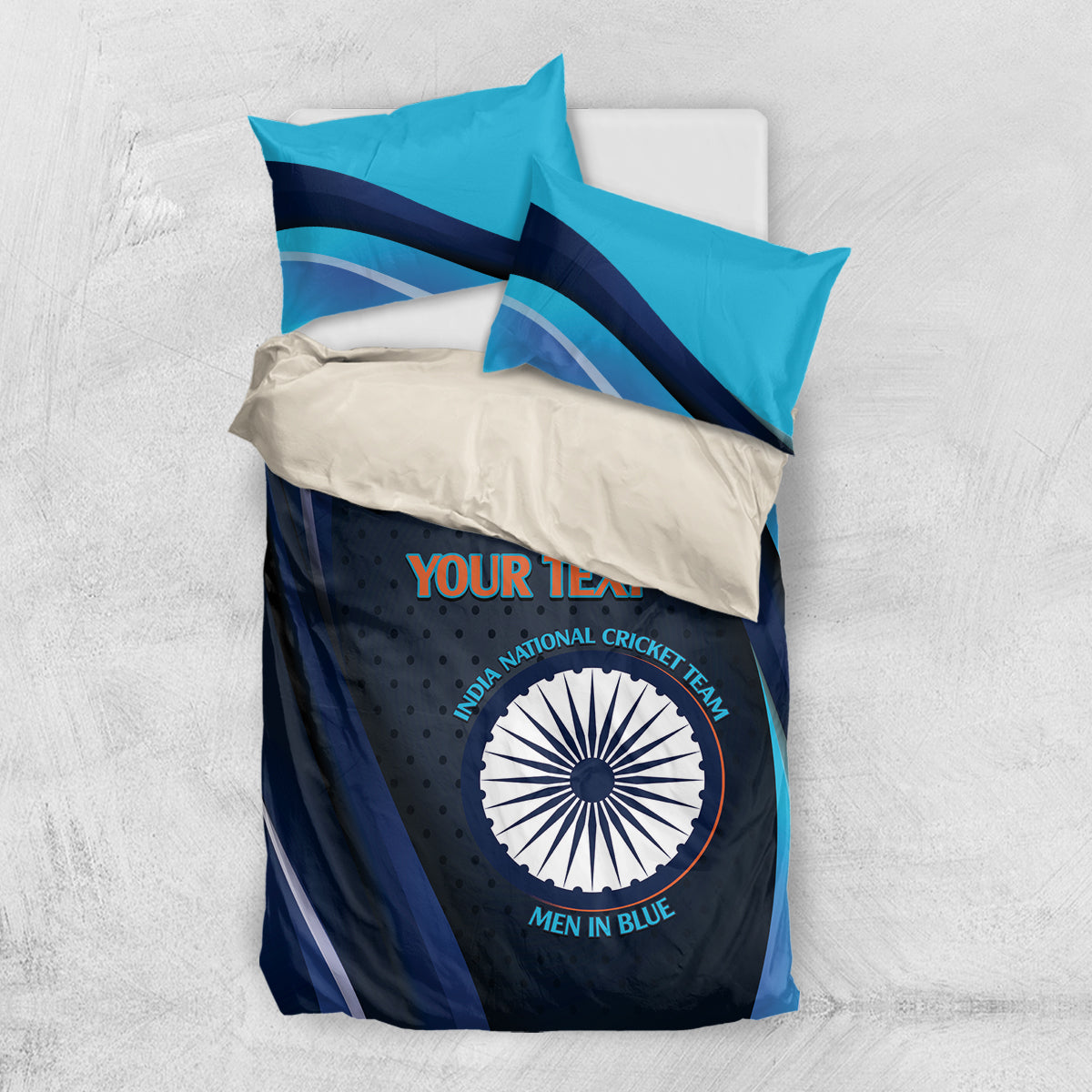 Navy and teal cricket bedding set with pillowcases and round team emblem on duvet