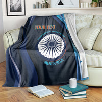 Custom India cricket blanket, dark blue with India emblem and 'YOUR TEXT', men in blue