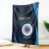 Dark blue and light blue striped cricket blanket with India emblem and 'YOUR TEXT'