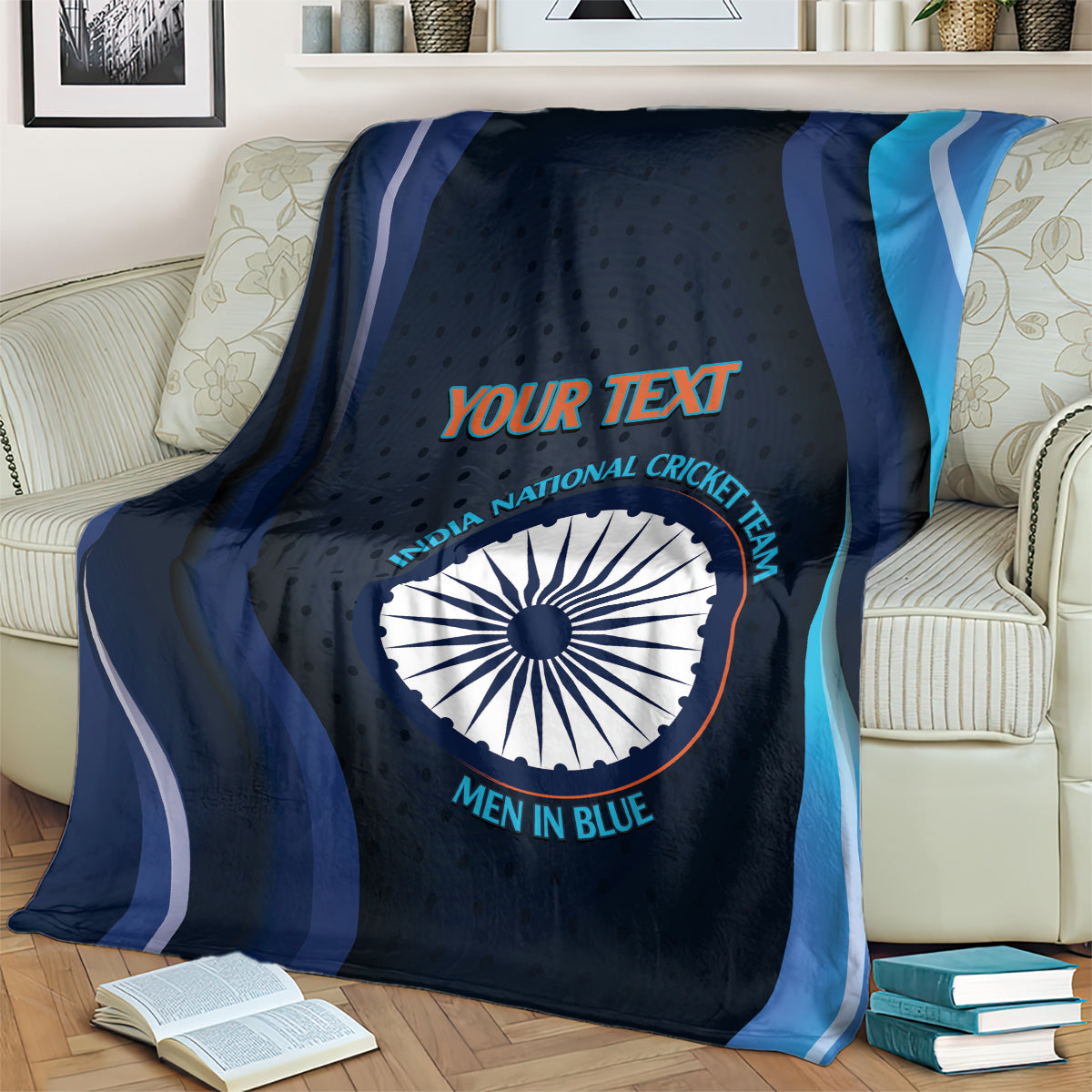 Folded dark blue cricket blanket with India emblem and 'YOUR TEXT', men in blue