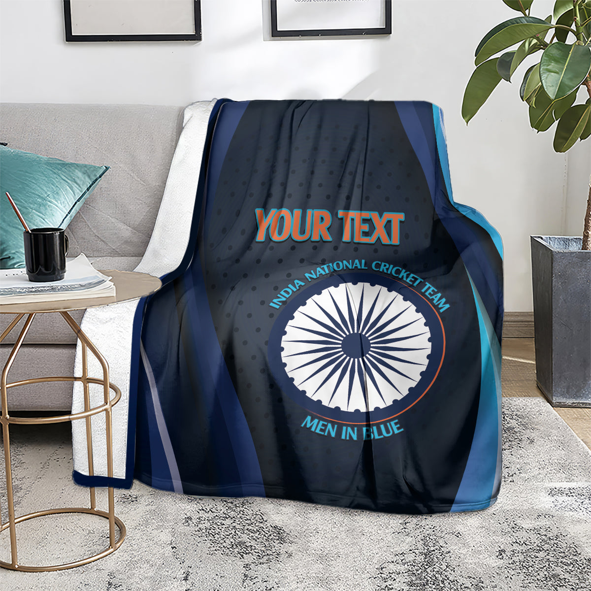 Dark blue cricket blanket with India emblem, 'YOUR TEXT' and 'MEN IN BLUE'