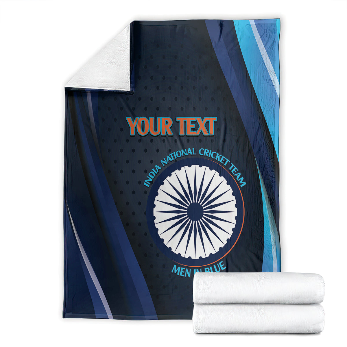Layered dark blue cricket blanket with India emblem and 'YOUR TEXT', striped side panels