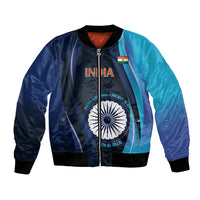 Blue satin bomber jacket with zipper, black ribbed cuffs, India cricket team graphic