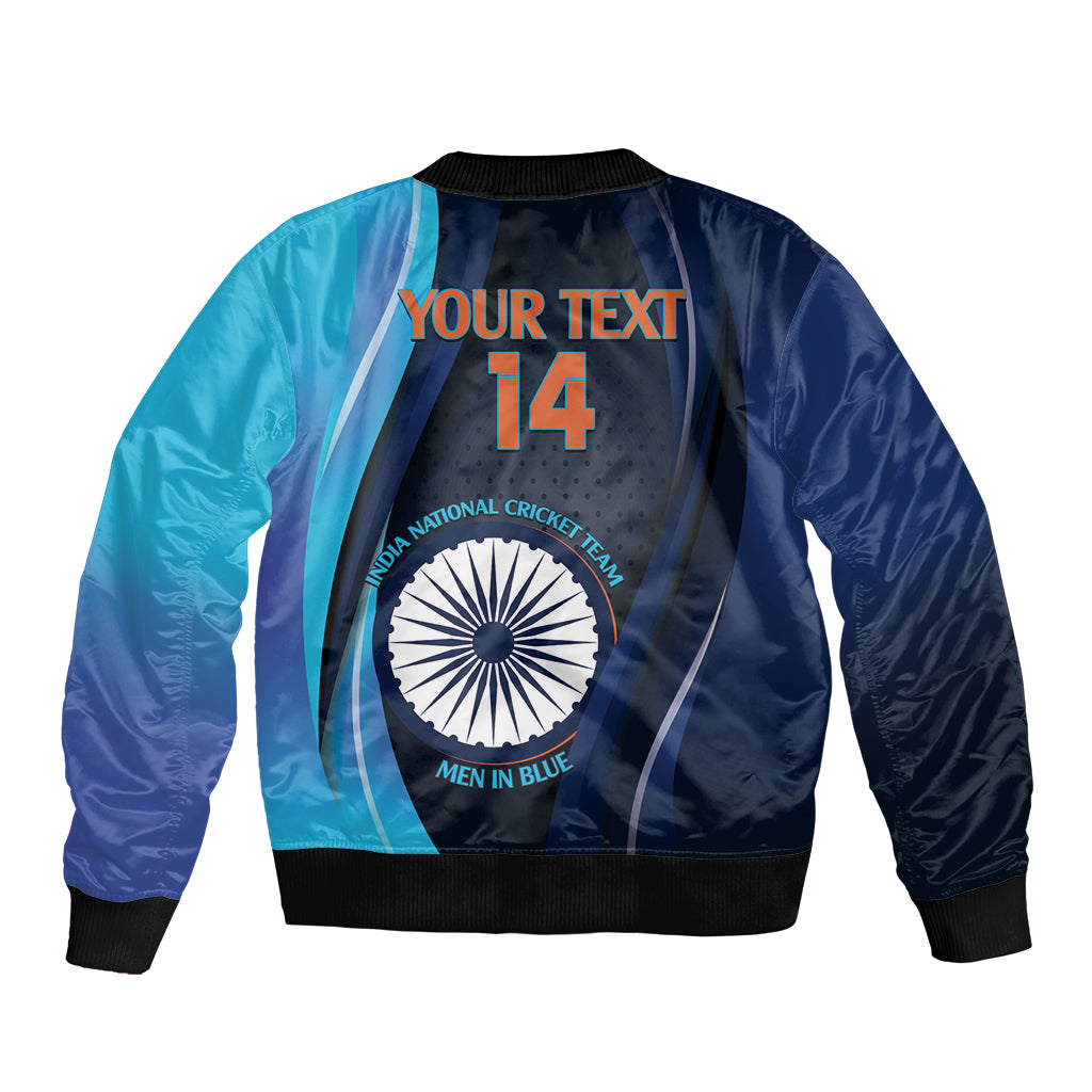 Blue bomber jacket back with India cricket emblem, YOUR TEXT and 14, black ribbed hem